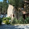 Edificio in pietra con vegetazione e alberi alti attorno.