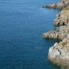 Mare blu e coste rocciose con vegetazione che cresce tra le rocce.