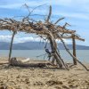 Capanna di legno sulla spiaggia sabbiosa.