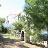 Un giardino con forno in pietra e alberi.