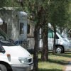 Area camper vicino al mare con alberi.