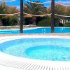 Piscina con vasca idromassaggio e palme.