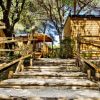 Scala in legno tra alberi con casette di legno ai lati.