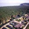 Una vista aerea di un villaggio costiero con una foresta di conifere vicino al mare.