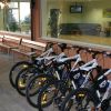 Biciclette allineate davanti a una vetrina.