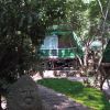Un'area verde con una capanna verde tra gli alberi e un sentiero con una scultura in pietra.