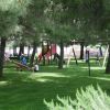 Bambini giocano in un parco verde con altalene e alberi.