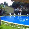Piscina ovale con lettini e ombrelloni di paglia, circondata da erba e palme.
