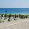 Spiaggia con file di ombrelloni verdi, sdraio e mare calmo, vista leggermente più lontana.