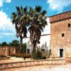 Edificio storico in pietra con palme, cielo sereno sopra.