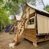 Capanna di legno con scale e tenda.