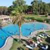 Una piscina all'aperto con palme, sdraio e persone che nuotano.