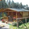 Chalet di legno con veranda e sedie, circondato da verde e alberi.