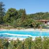 Piscina all'aperto circondata da sedie a sdraio e vegetazione.